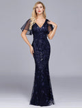 Vestido de noche estilo sirena/trompeta, estilo imperio, para fiesta, formal, de noche, largo hasta el suelo, manga corta, cuello joya, tul con volantes bordados