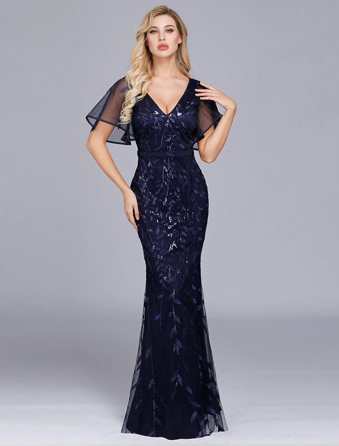 Vestido de noche estilo sirena/trompeta, estilo imperio, para fiesta, formal, de noche, largo hasta el suelo, manga corta, cuello joya, tul con volantes bordados