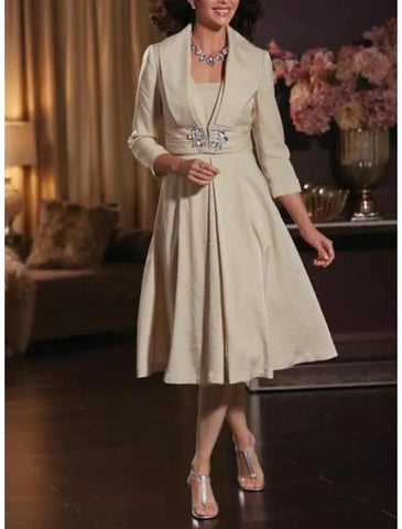 Vestido de dos piezas de corte A para madre de la novia, talla grande, elegante, informal, de invierno, con mangas 3/4, chaqueta, cuello camisero, largo hasta la rodilla, tafetán, broche de cristal