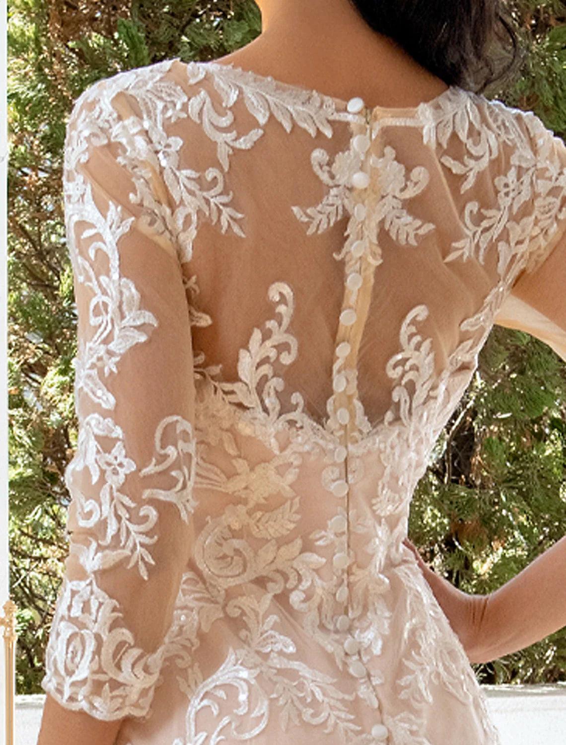 Vestidos de novia formales de otoño con escote corazón, corte sirena o trompeta, manga larga, cola larga y apliques de encaje