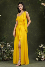 Elegant A-line Chiffon Ruffles Floor-length Split Bridesmaid Dress With Pockets