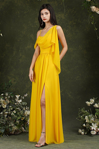 Elegant A-line Chiffon Ruffles Floor-length Split Bridesmaid Dress With Pockets