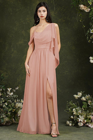 Elegant A-line Chiffon Ruffles Floor-length Split Bridesmaid Dress With Pockets