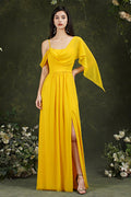 Elegantes A-Linien-Brautjungfernkleid aus Chiffon mit Rüschen, bodenlang, Schlitz und Taschen