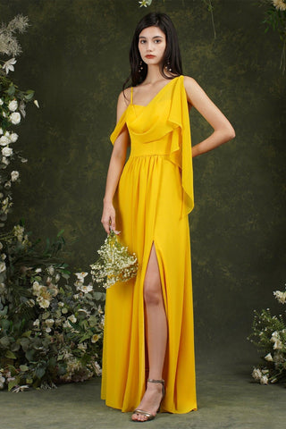Elegant A-line Chiffon Ruffles Floor-length Split Bridesmaid Dress With Pockets