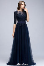 Elegant A-Line Half-Sleeves Lace Appliques Dark Navy Bridesmaid Dresses