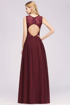 Elegant A-line Lace Sleeveless Bridesmaid Dresses Chiffon Jewel Ruffles Floor-Length Evening Dress with Appliques