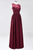 Elegant A-line Lace Sleeveless Bridesmaid Dresses Chiffon Jewel Ruffles Floor-Length Evening Dress with Appliques