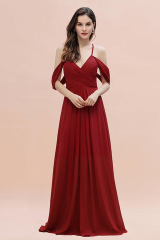 Elegant A-line Off-the-Shoulder V-neck Ruched Long Bridesmaid Dress