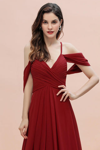 Elegant A-line Off-the-Shoulder V-neck Ruched Long Bridesmaid Dress