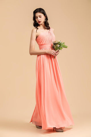 Elegant A-line One Shoulder Coral Chiffon Long Bridesmaid Dress