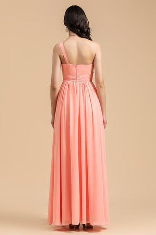 Elegant A-line One Shoulder Coral Chiffon Long Bridesmaid Dress