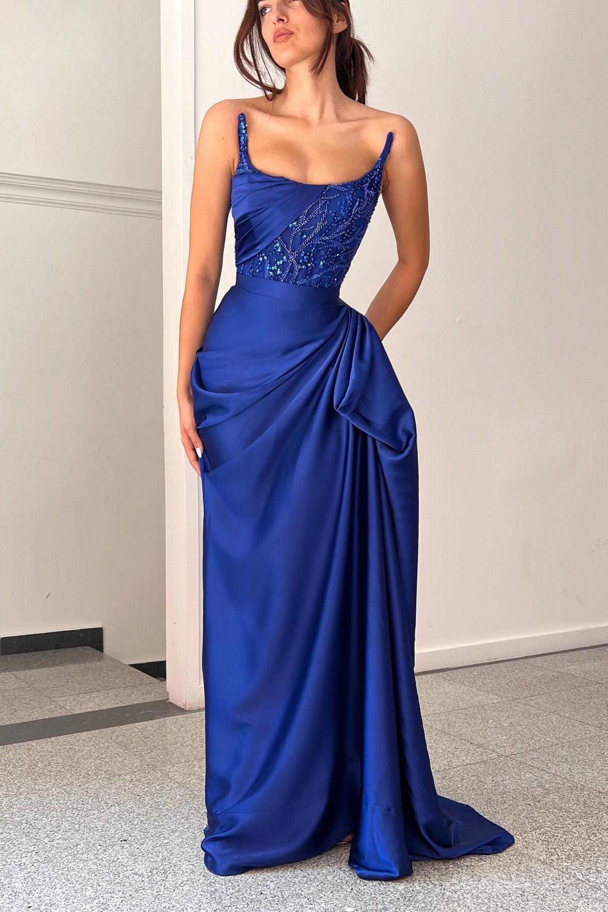 Elegante A-Linie Rüschen Ärmellos Quadratische Satin Ozeanblau Ballkleider