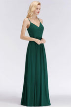 Elegant A-line Spaghetti Chiffon Bridesmaid Dresses V-neck Evening Maxi Gown
