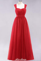 Elegant aline Sleeveless Tulle Evening Maxi Gown Burgundy Straps Bridesmaid Dress