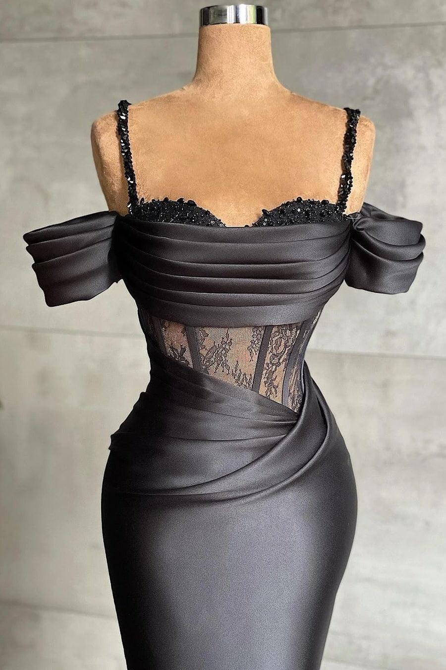 Elegantes schwarzes schulterfreies Meerjungfrau-Ballkleid mit Spitze