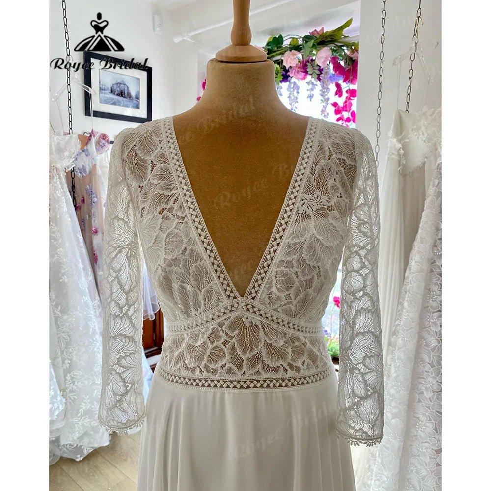 NumberSea - Elegant Bohemian Long Sleeve V Neckline Lace Bodice Boho Wedding Dress for Women 2024 Robes Civil Wedding Gown for Bride Summer
