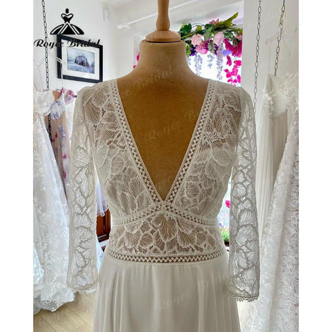 NumberSea - Elegant Bohemian Long Sleeve V Neckline Lace Bodice Boho Wedding Dress for Women 2024 Robes Civil Wedding Gown for Bride Summer
