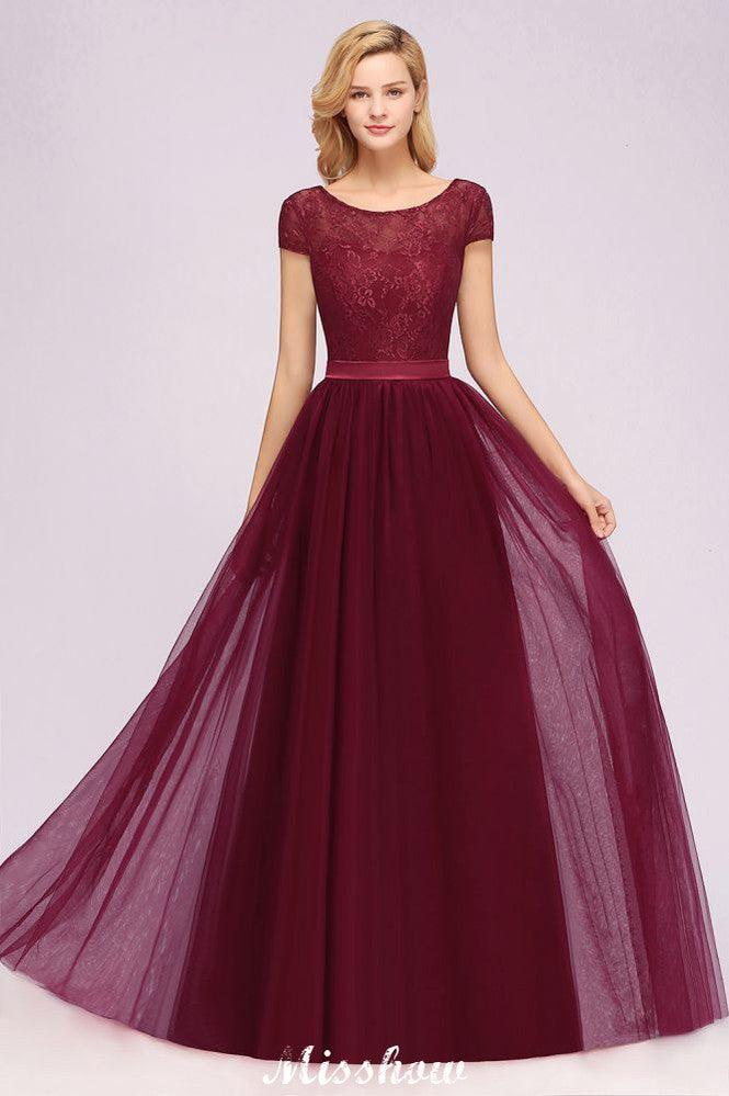 Elegant Cap Sleeves Floral aline Evening Swing Dress Appliques Tulle Bridesmaid Dress