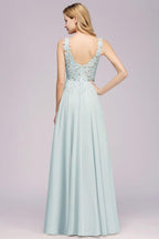 Elegant Chiffon Lace V-Neck Sleeveless Floor-Length A-Line Bridesmaid Dress with Beadings