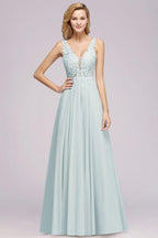Elegant Chiffon Lace V-Neck Sleeveless Floor-Length A-Line Bridesmaid Dress with Beadings