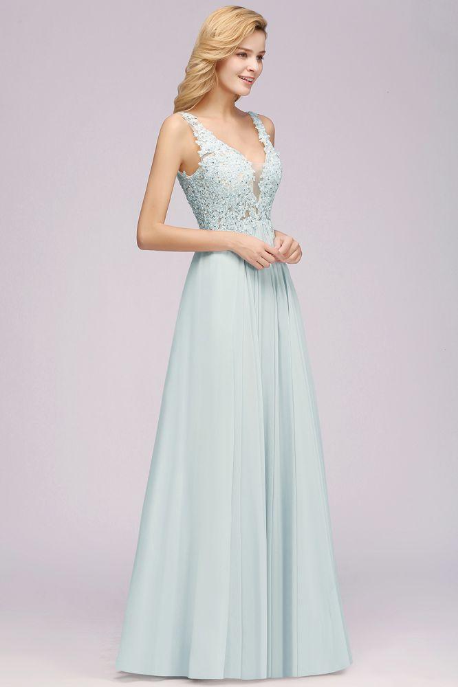 Elegant Chiffon Lace V-Neck Sleeveless Floor-Length A-Line Bridesmaid Dress with Beadings