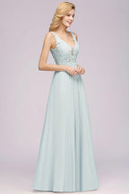Elegant Chiffon Lace V-Neck Sleeveless Floor-Length A-Line Bridesmaid Dress with Beadings