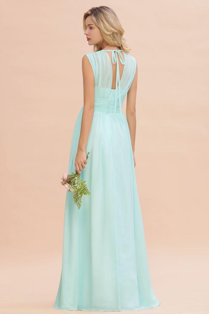 Elegantes Chiffon-Brautjungfernkleid in A-Linie mit V-Ausschnitt, ärmellos, bodenlang und Rüschen
