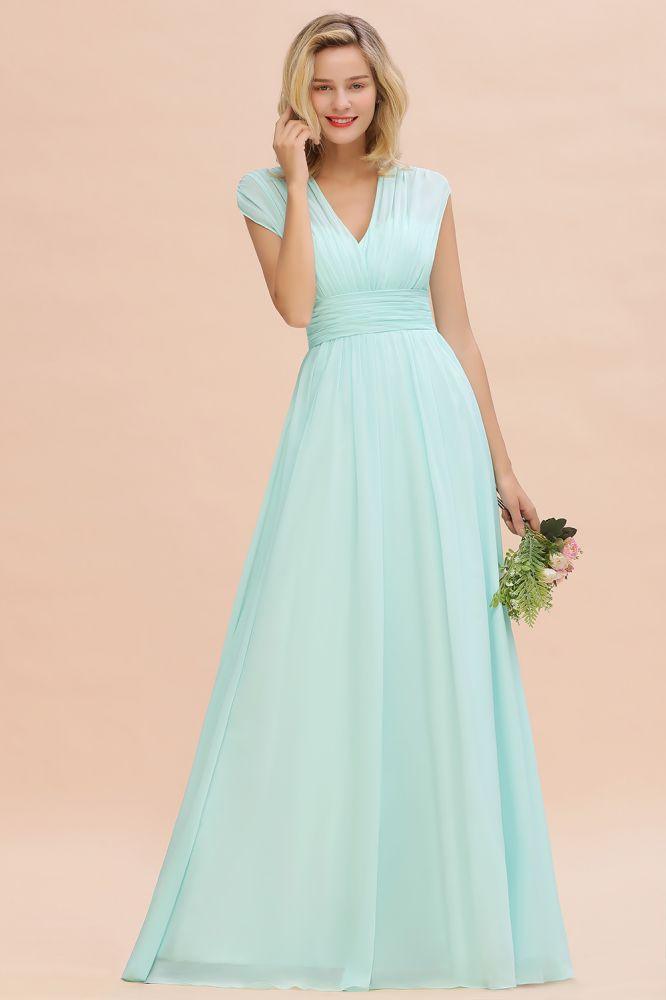 Elegantes Chiffon-Brautjungfernkleid in A-Linie mit V-Ausschnitt, ärmellos, bodenlang und Rüschen