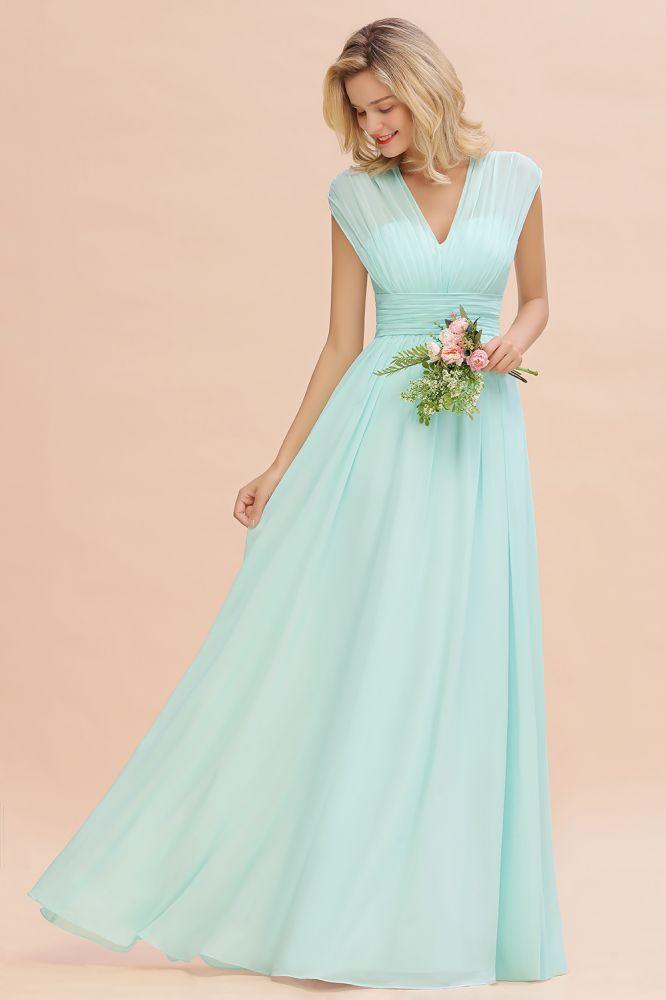 Elegantes Chiffon-Brautjungfernkleid in A-Linie mit V-Ausschnitt, ärmellos, bodenlang und Rüschen