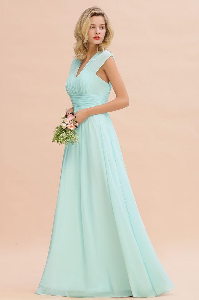 Elegantes Chiffon-Brautjungfernkleid in A-Linie mit V-Ausschnitt, ärmellos, bodenlang und Rüschen