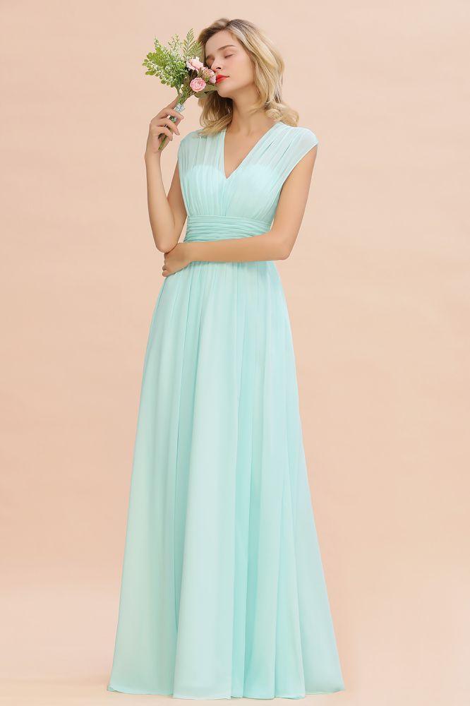 Elegantes Chiffon-Brautjungfernkleid in A-Linie mit V-Ausschnitt, ärmellos, bodenlang und Rüschen