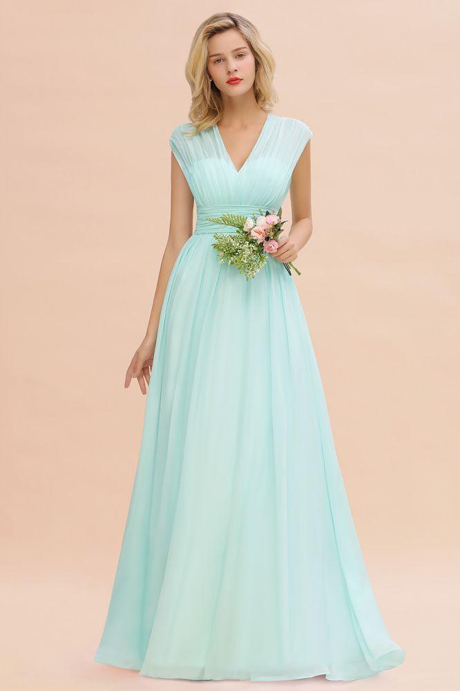 Elegantes Chiffon-Brautjungfernkleid in A-Linie mit V-Ausschnitt, ärmellos, bodenlang und Rüschen