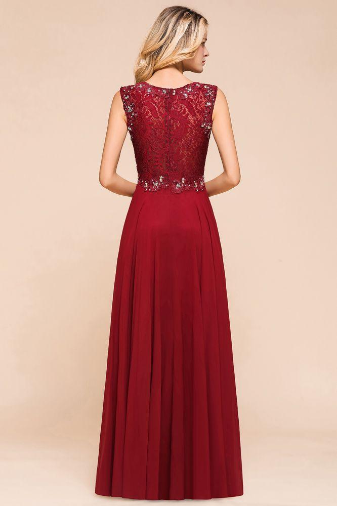 Elegantes Abendkleid mit Rundhalsausschnitt, A-Linie, Perlenstickerei, ärmelloses bodenlanges Partykleid aus Spitze