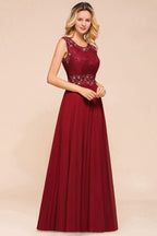 Elegantes Abendkleid mit Rundhalsausschnitt, A-Linie, Perlenstickerei, ärmelloses bodenlanges Partykleid aus Spitze
