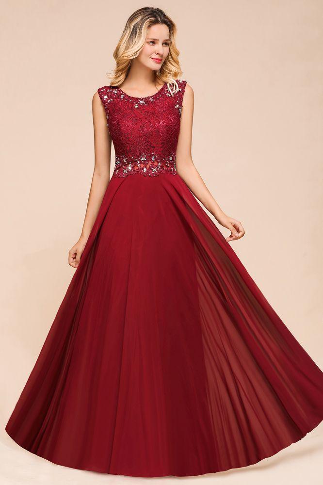 Elegantes Abendkleid mit Rundhalsausschnitt, A-Linie, Perlenstickerei, ärmelloses bodenlanges Partykleid aus Spitze