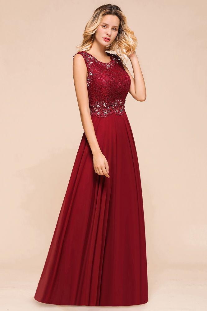 Elegantes Abendkleid mit Rundhalsausschnitt, A-Linie, Perlenstickerei, ärmelloses bodenlanges Partykleid aus Spitze