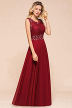 Elegantes Abendkleid mit Rundhalsausschnitt, A-Linie, Perlenstickerei, ärmelloses bodenlanges Partykleid aus Spitze