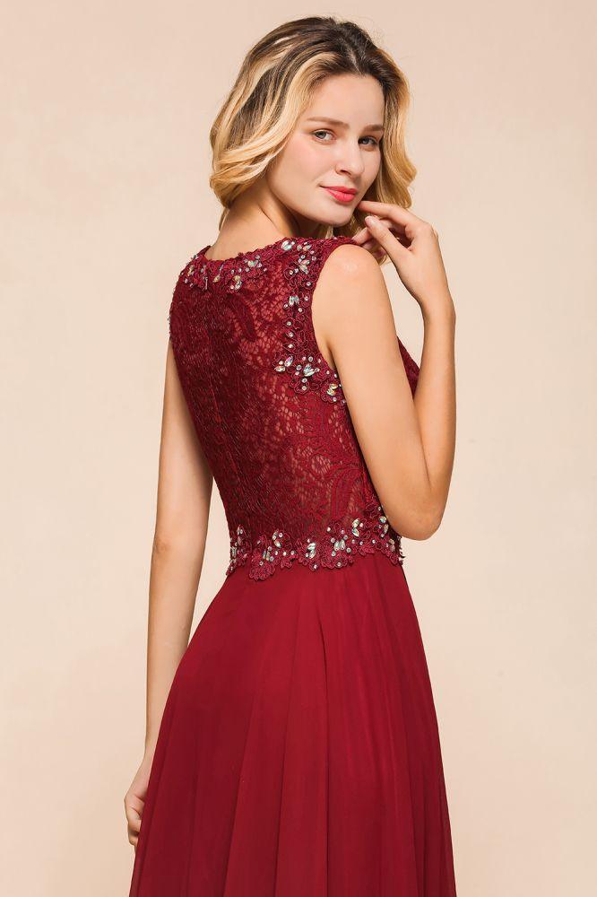 Elegantes Abendkleid mit Rundhalsausschnitt, A-Linie, Perlenstickerei, ärmelloses bodenlanges Partykleid aus Spitze