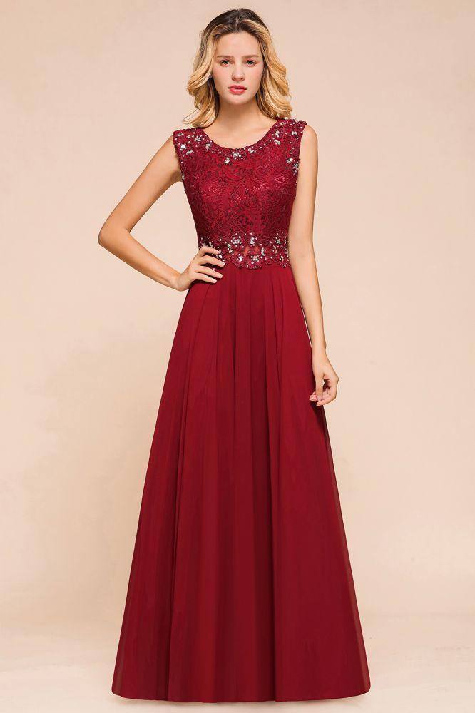Elegantes Abendkleid mit Rundhalsausschnitt, A-Linie, Perlenstickerei, ärmelloses bodenlanges Partykleid aus Spitze