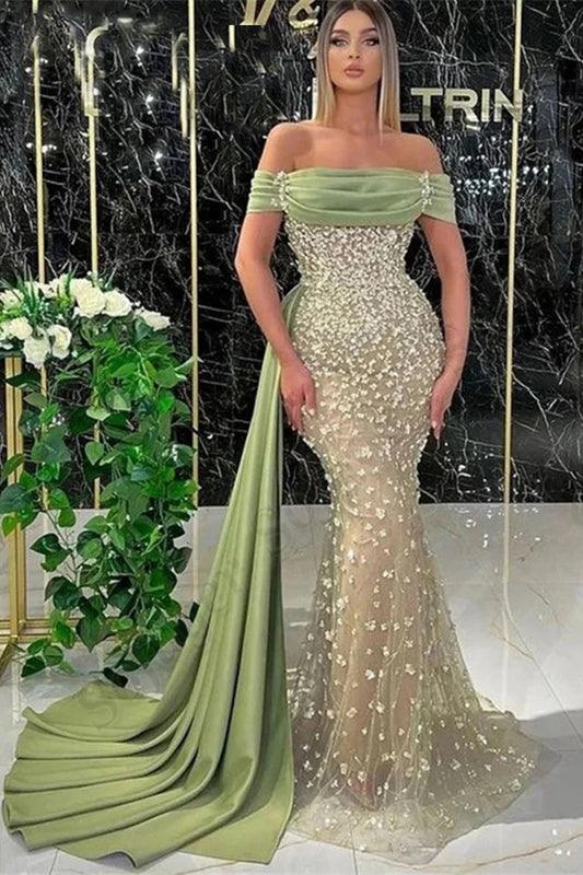 Elegantes, langes, schulterfreies Ballkleid im Meerjungfrauenstil mit Spitze in Dusty Sage