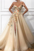 Elegantes Abendkleid Lang Sexy Herzausschnitt Vorne Schlitz Applikationen Blumen Ballkleid