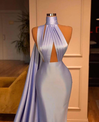 Elegant Floor Length Mermaid High Neck Purple Evening Gowns