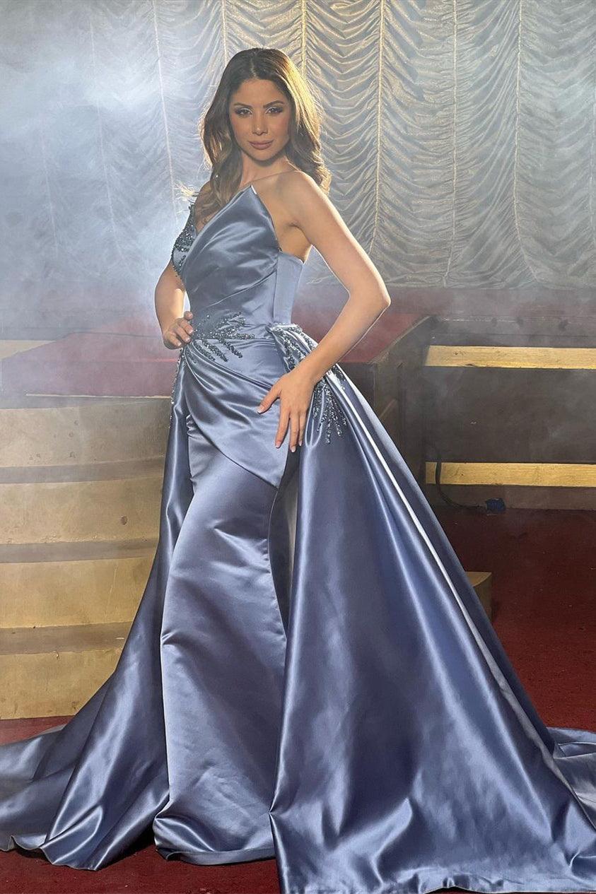 Elegantes bodenlanges ärmelloses A-Linien-Ballkleid aus Satin mit Perlen