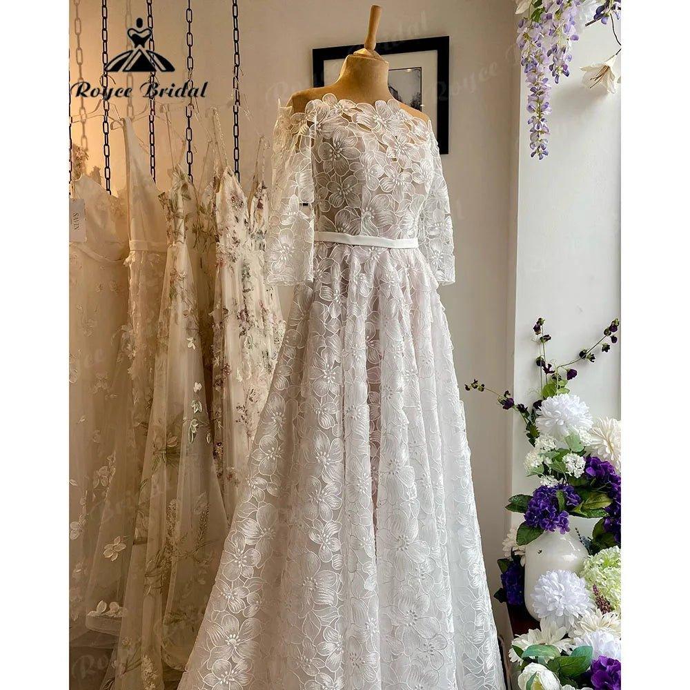 NumberSea - Elegant Floral Lace Princess Three Quarter Sleeve Garden Wedding Dress Bride 2024 Wedding Gown Custom Made robe mariage femme