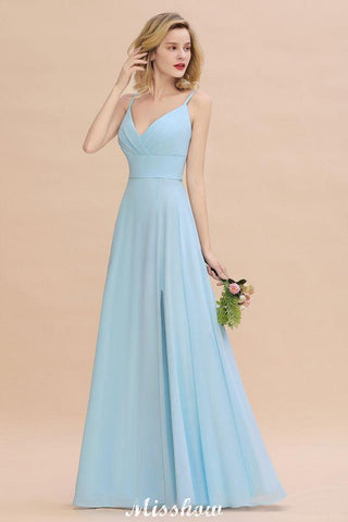 Elegant Front Split Bridesmaid Dress Garden Spaghetti Straps V-neck Floor Length Dress