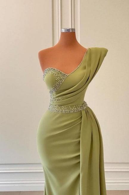 Elegantes grünes One-Shoulder-Apéro-Kleid aus ärmellosem Chiffon im Meerjungfrau-Stil mit Perlenbesatz