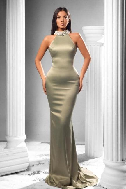 Elegantes Neckholder-Ballkleid im Meerjungfrau-Stil aus Satin mit Perlen