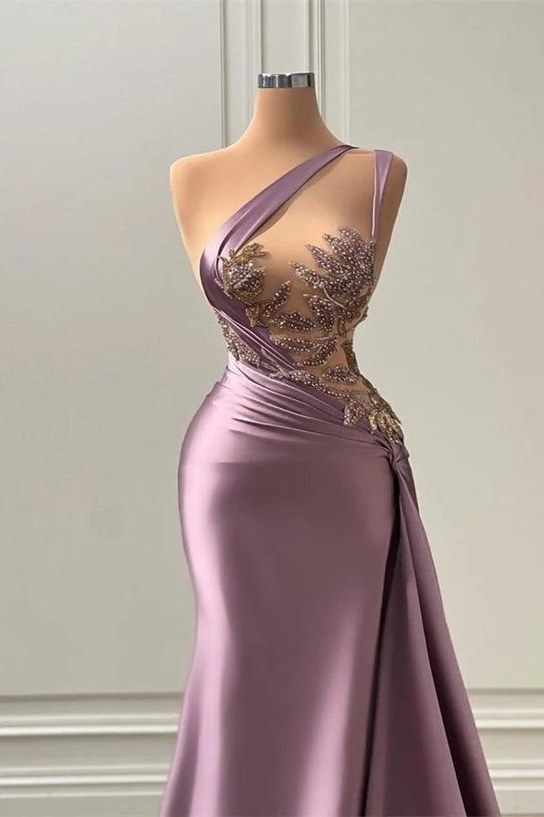 Elegantes langes ärmelloses Ballkleid in A-Linie mit einer Schulter und Applikationen