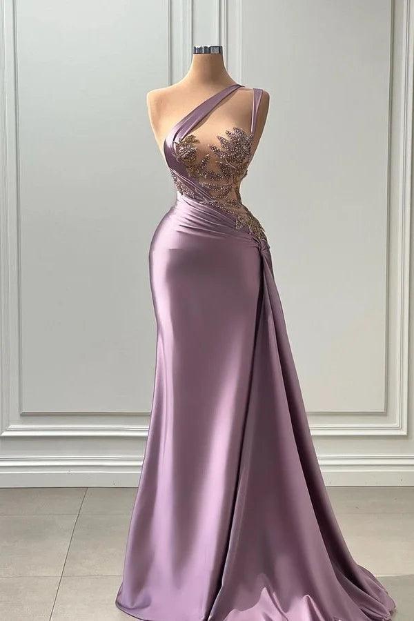 Elegantes langes ärmelloses Ballkleid in A-Linie mit einer Schulter und Applikationen
